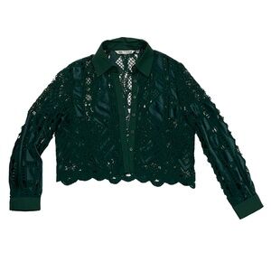 Zara Green Lace Cropped Button-Up | US Women's Size M